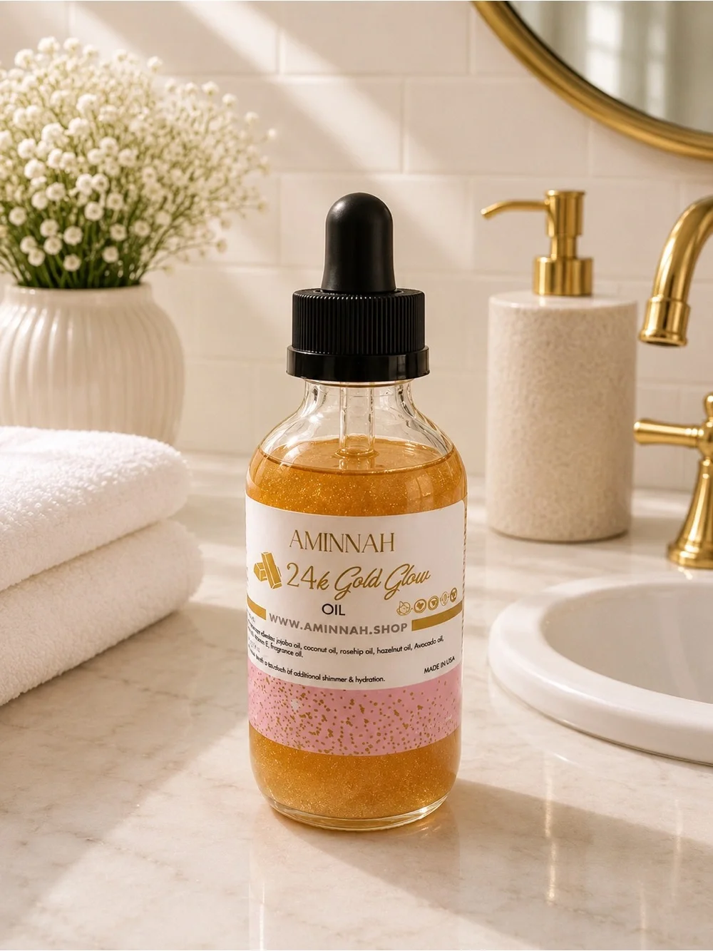 Aminnah 24K Gold Glow Body Oil — Shimmering Gold Hydration (Gold)